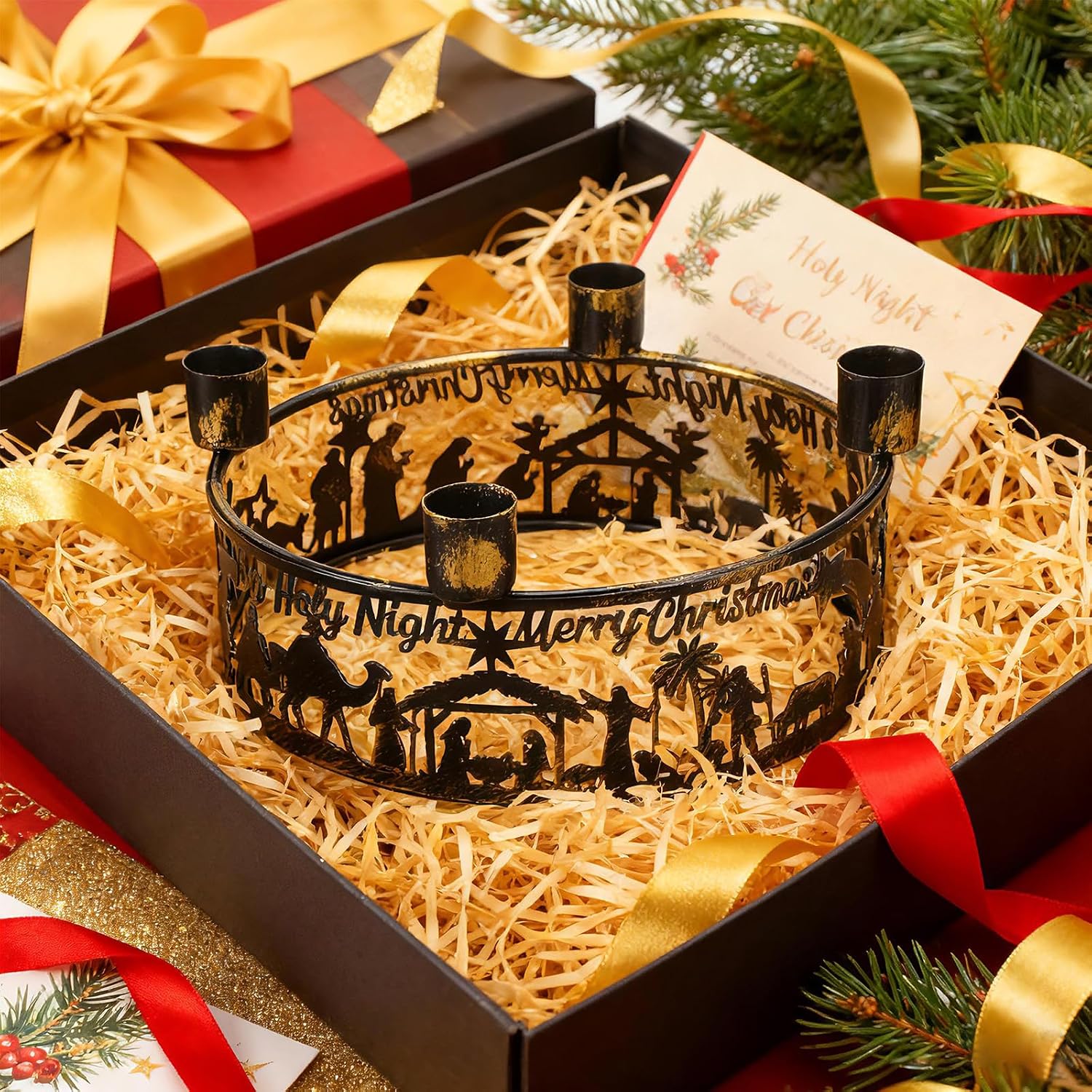 Blulu Advent Wreath Candle Holder Nativity Scene Ring Candle Holder Metal Jesus Nativity Set Christmas Centerpiece for Candlestick Rustic Advent Christmas Home Decorations Xmas Signs (Holy Night)