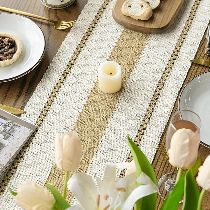 Artoid Mode Burlap Brown Farmhouse Woven Rustic Table Runner, Seasonal Holiday Hollow Kitchen Dining Table Decoration for Home Party Decor 12x60 Inch