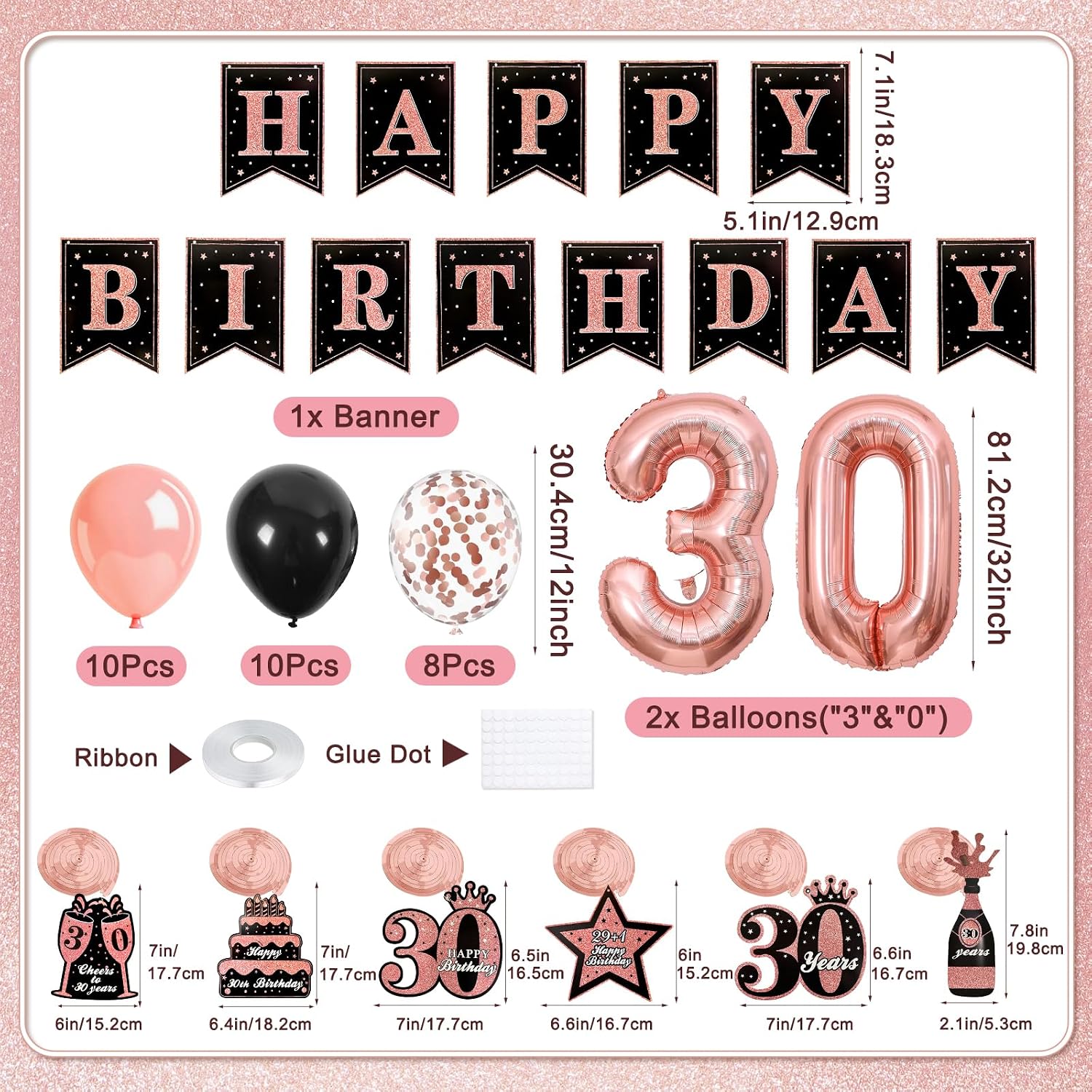 30th Birthday Decorations for Women, 50pcs Rose Gold Black 30th Birthday Decorations for Her with Banner Crown Sash Backdrop Cake Topper Balloons Hanging Swirl for 30 Years Old Birthday Party Supplies