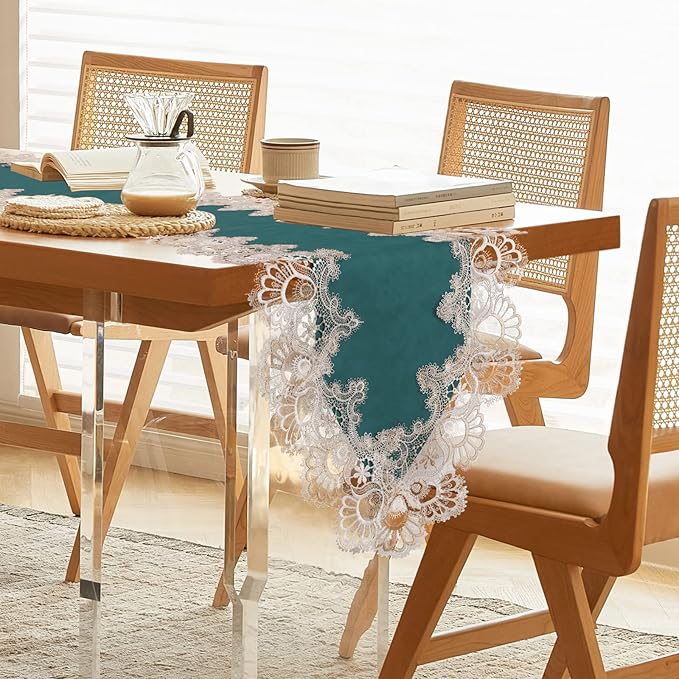 Vintage Lace Dining Table Runner, 108 Inches Macrame Coffee Table Runners for Kitchen Home Christmas Party Decorations (16x108 inch,Cyan)