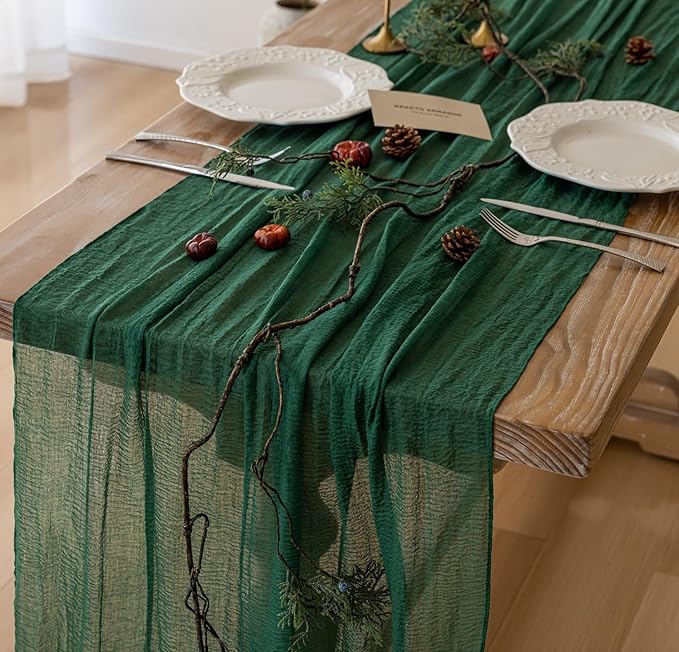 Table Runner Emerald Green Cheesecloth Gauze 120 Inch 10 FT Rustic Boho Cheese Cloth Table Decor for Wedding Baby Bridal Shower Party Long Sheer Vintage Christmas Decorations
