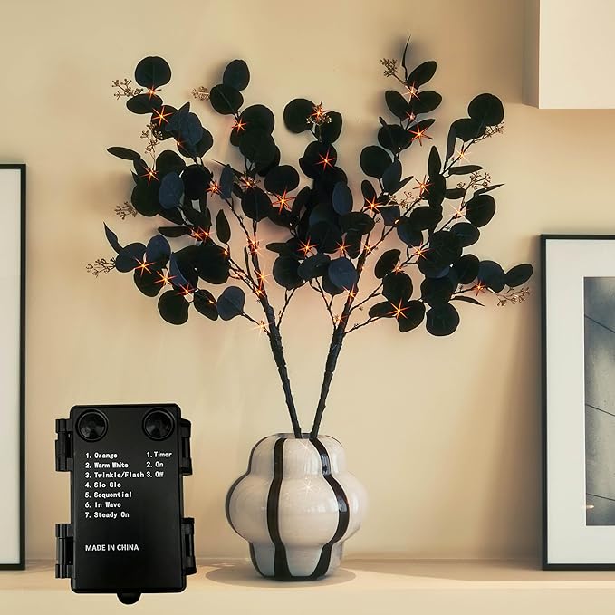 LITBLOOM Halloween Tree Branches with Lights 32IN Battery Operated with Timer, Lighted Black Eucalyptus Branches with 120 Orange and Warm White LED Lights for Mantle Table Halloween Decoration