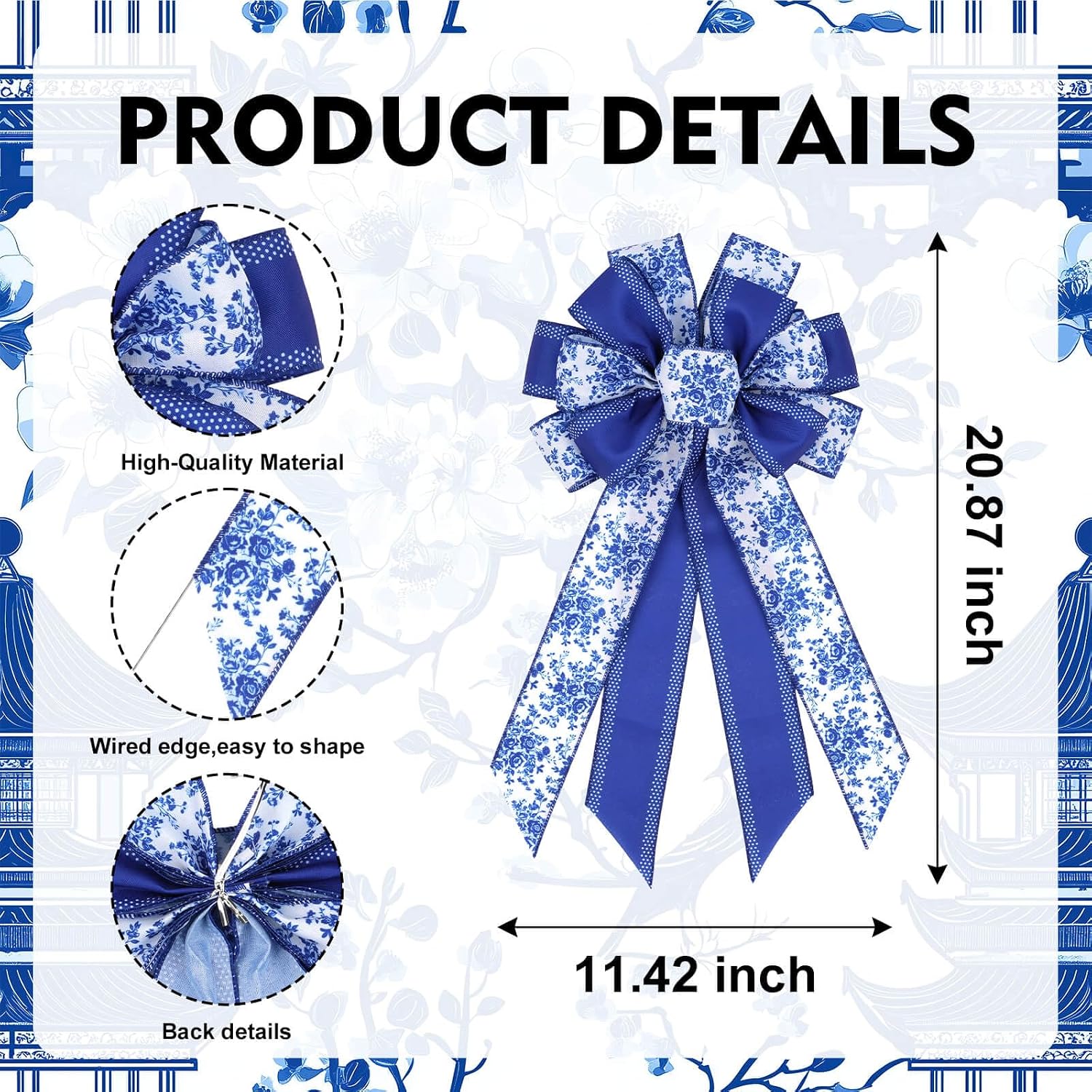 Blue Chinoiserie Wreath Bow, 21 Inch Large Spring Floral Wired Ribbon for Front Door, Grandmillennial Wedding Lantern Decor