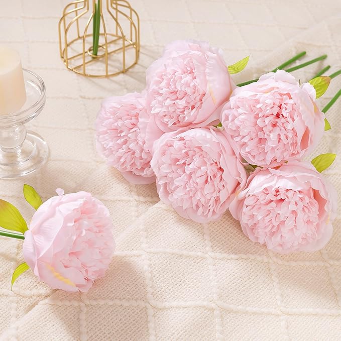 U'Artlines 20 Heads Artificial Peony Silk Flower Leaf Home Office Wedding Party Festival Bar Decor (Light Pink)
