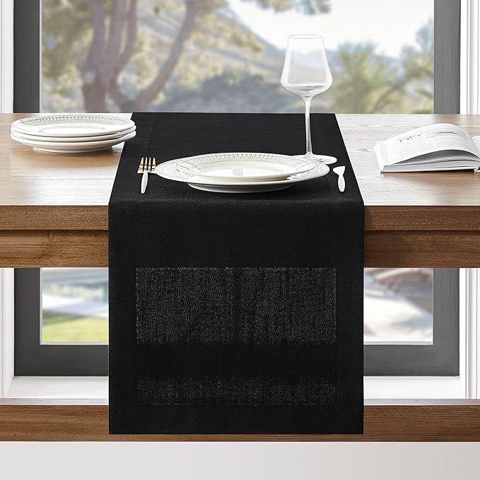 ZeeMart Linen Textured Border Table Runner, 14 x 48 Inch Black, Farmhouse Style Black Table Runners 48 Inches Long, Easy Care Everyday Polyester Table Runner