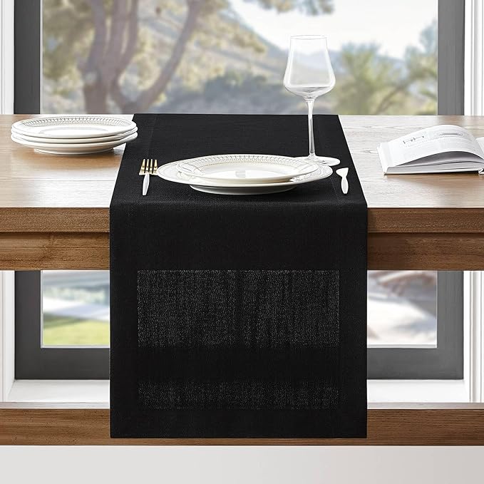 ZeeMart Linen Textured Border Table Runner, 14 x 36 Inch Black, Farmhouse Style Black Table Runners 36 Inches Long, Easy Care Everyday Polyester Table Runner