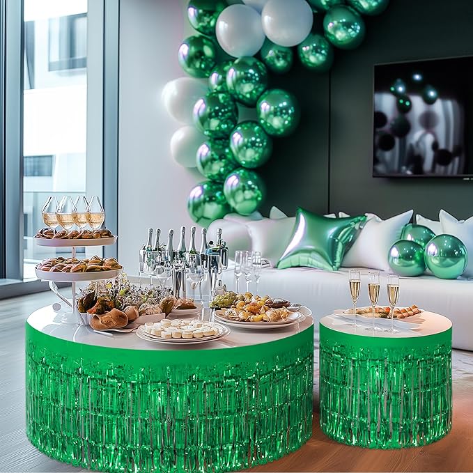2 Pack Green Table Skirts, 29x108" Metallic Foil Tinsel Fringe Table Skirts for Rectangle Tables Streamer Curtains Backdrop, Party Decorations for Birthdays Weddings Holidays