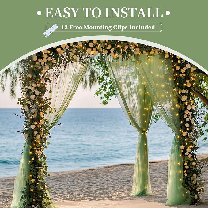 10x10ft Green Tulle Backdrop Curtain with String Lights, Wrinkle-Free Sheer Wedding Backdrop for Birthday Parties, Baby Showers, Bridal Showers, Photo Shoots and Home Decorations, Green