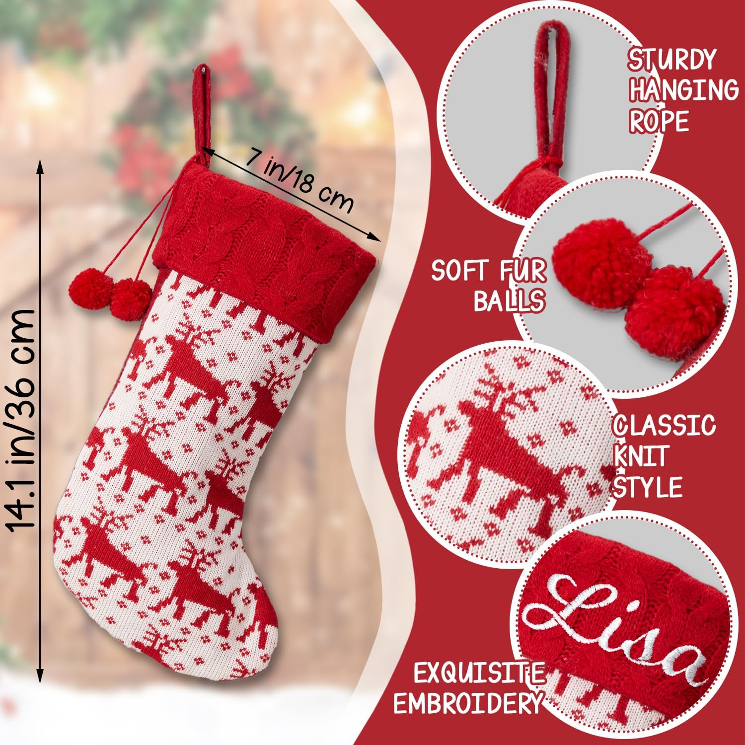 Christmas Stocking With Pom Pom,18” Large Cable Knitted Stocking,Family Christmas Stocking For Kids,Xmas Holiday and Family Stocking For Fireplace,Christmas Holiday Party Decor(Reindeer, 5pcs)