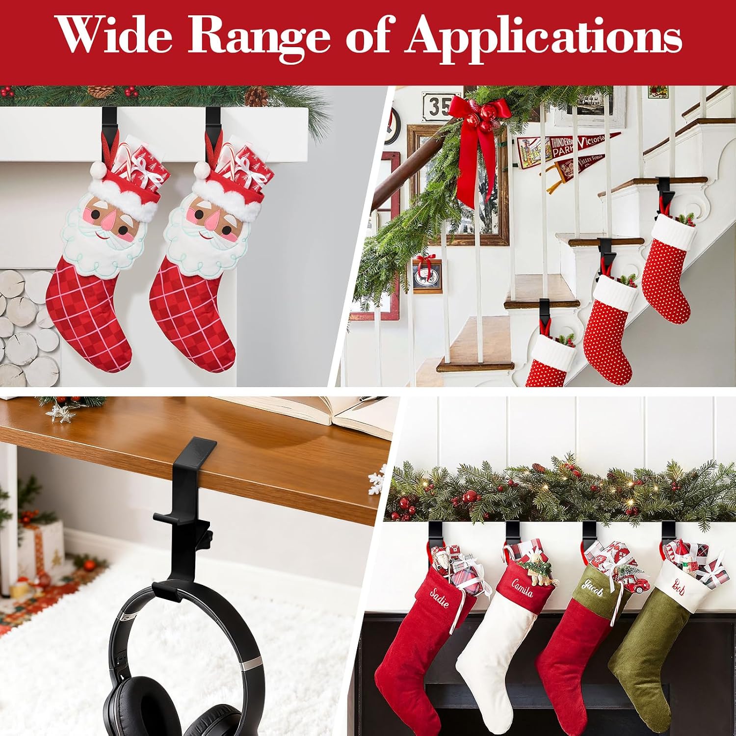4 Pack Stocking Holders for Mantle for Christmas Decorations,2 in 1 Mantle Garland Holder for Hanging Christmas Stockings,No Drilling Required & Adjustable Garland Hanger, Metal(Black)