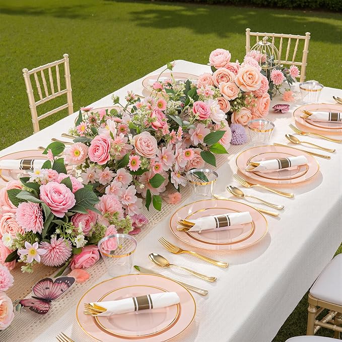 SUT 175 Pcs Pink and Gold Plastic Dinnerware Set for 25 Guests, Include: 25 Dinner Plates, 25 Dessert Plates, 25 Pre Rolled Napkins With Silverware, 25 Cups, Disposable Plates for Baby Shower, Party