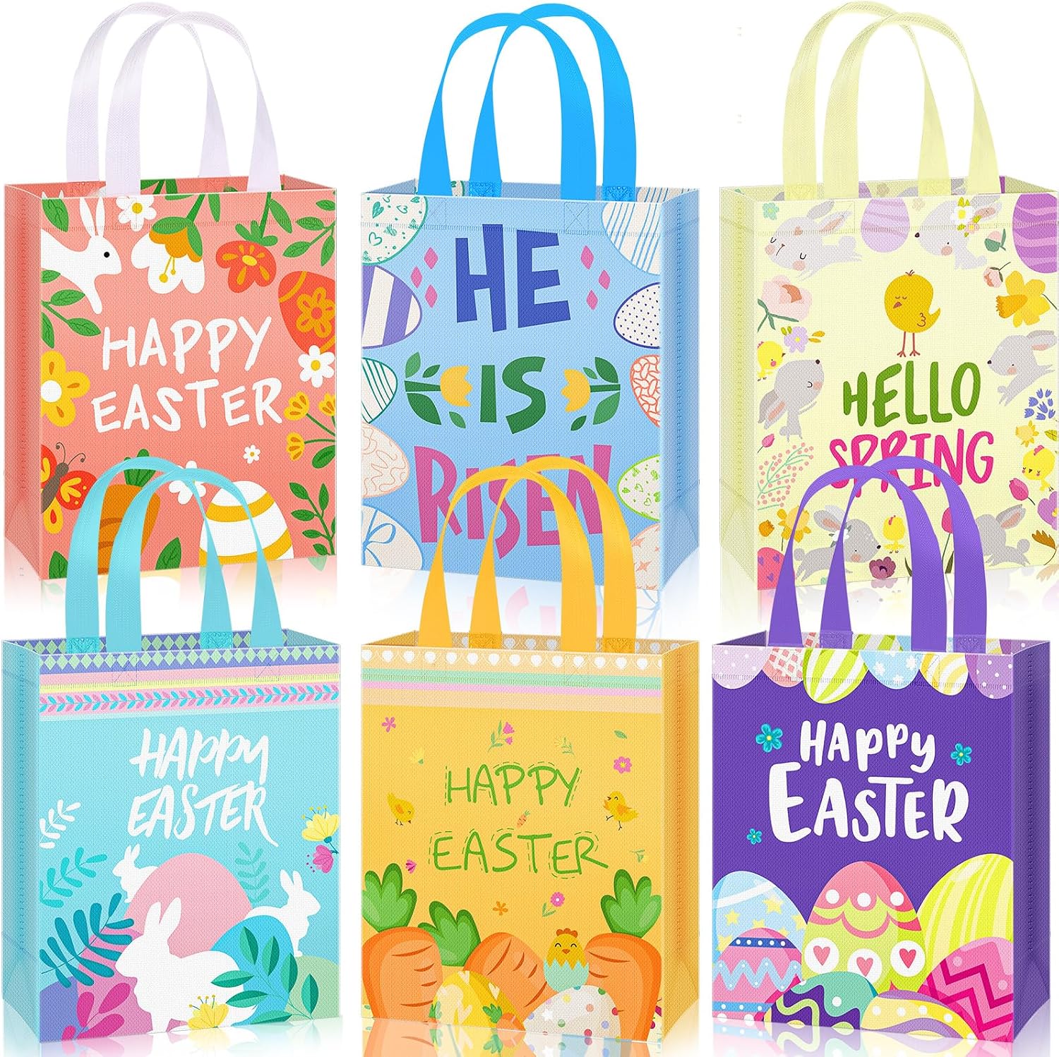 Clysee 12 Pcs Easter Gift Bags 10.2" x 8.3" Non Woven Easter Tote Bags with Handle Large Easter Bulk Treat Bags for Easter Holiday