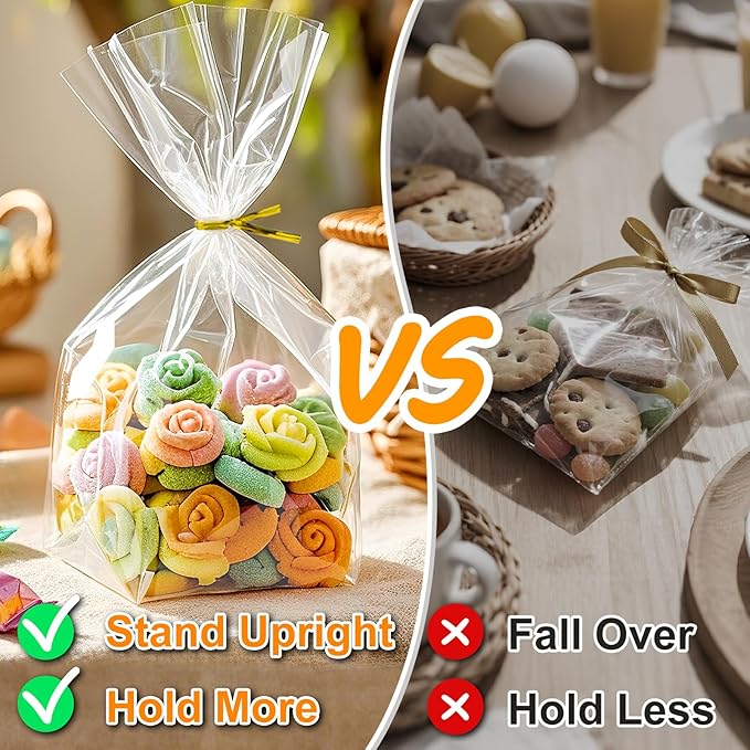 PigPotParty Cellophane Bags 8"x11", 50 Pack Clear Gift Bags, 3.15" Bottom Gusset for Stand-Up Display, Plastic Cellophane Gift Wrap, Ideal for Goodies, Treats, Party Favors, Mugs, Includes 50 Ties