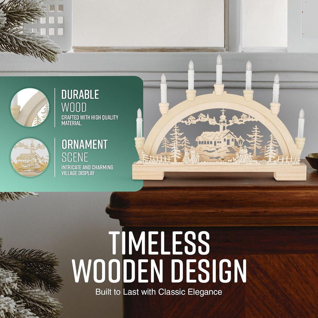 GloBrite Wooden Candle Bridge with 7 Warm White LED Candles | Battery Operated LED Lights Christmas Decorations | Arch Holders Candle Bridge for Indoor Home Decor