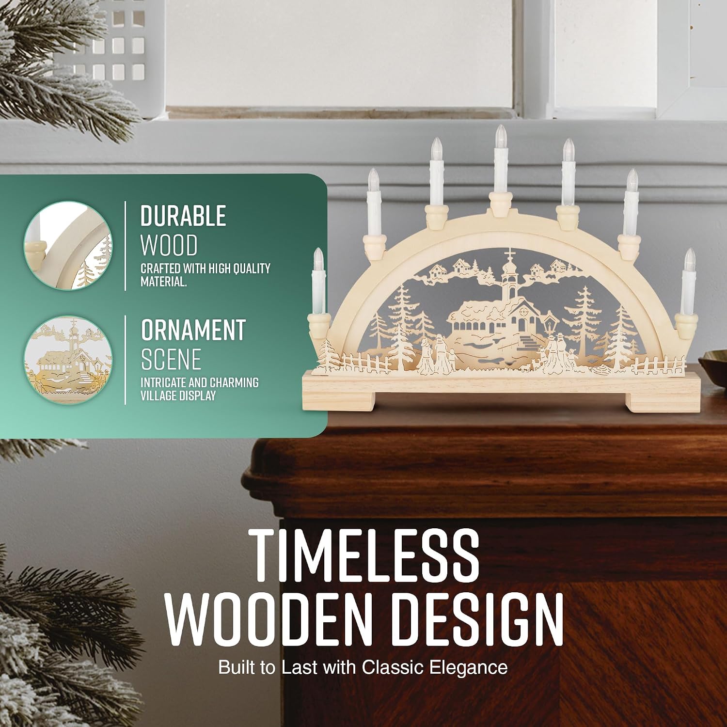 GloBrite Wooden Candle Bridge with 7 Warm White LED Candles | Battery Operated LED Lights Christmas Decorations | Arch Holders Candle Bridge for Indoor Home Decor