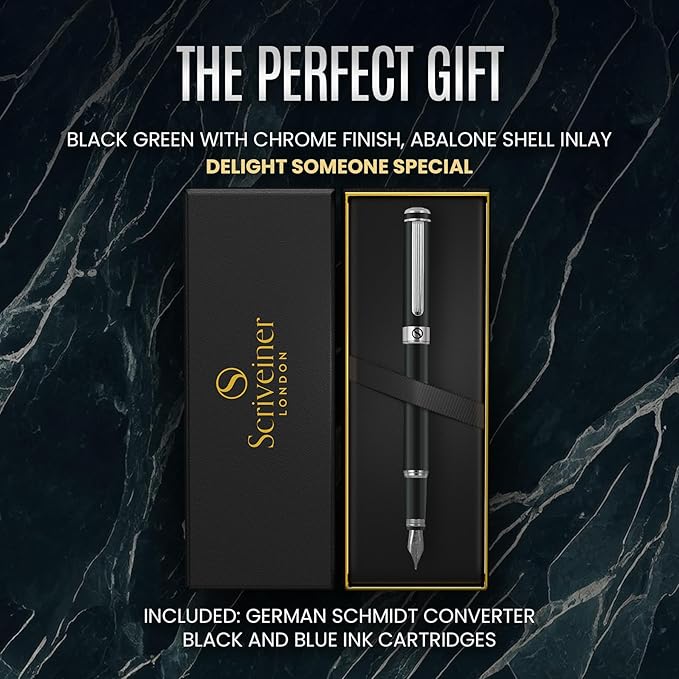 Scriveiner Black Green Fountain Pen - Stunning Luxury Pen with Chrome Finish, Schmidt Nib (Fine), Best Pen Gift Set for Men & Women, Professional, Executive, Office, Nice Pens