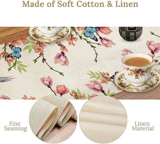 Floral Butterfly Table Runner Seasonal Spring Flower Bird Table Decoration Table Runner for Home Party Decoration 13x108 Inch