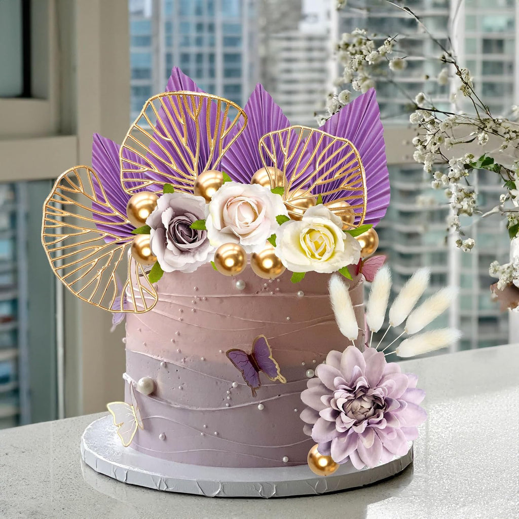 Ephlyn 24 Pack Boho Flower Gold Leaves Cake Topper Foam Ball Cake Decorations for Wedding Baby Shower Birthday Party Supplies Purple