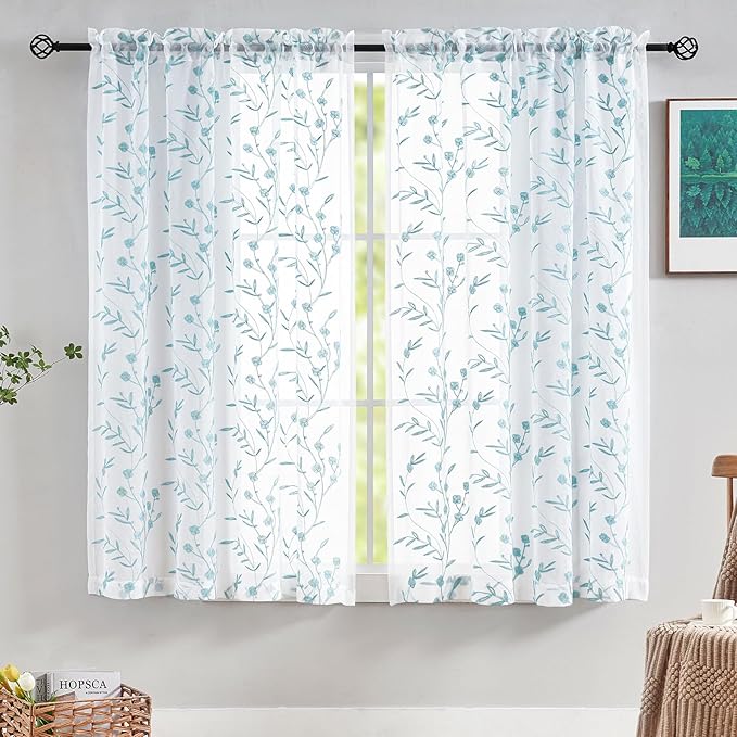 Sheer Curtains White-Blue Embroidery 63 Inch Length Rod Pocket Voile Drapes for Living room, Bedroom, Window Treatments Semi Flower Pattern Curtain Panels for Yard, Farmhouse, Set of 2, 52"x 63".