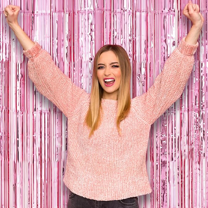 2 Pack Light Pink Foil Fringe Backdrop Curtains, Tinsel Streamers Birthday Party Decorations, Fringe Backdrop for Graduation, Baby Shower, Gender Reveal, Disco Party