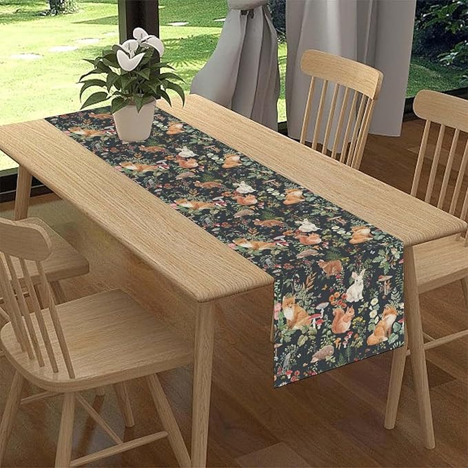 Rustic Woodland Table Runner, Farmhouse Forest Animals Country Lodge Wild Animals Fox Rabbits Table Center Decor for Home Kitchen Dining Patio Holiday Party Indoor Table Decorations, 13"x90" Inch