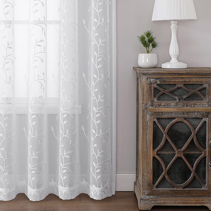 VISIONTEX White Sheer Voile Curtains, Decorative Leaves Embroidery Faux Linen Rod Pocket Window Drapes for Home Kitchen, Living Room and Bedroom 54 x 95 Inch, Set of 2 Curtain Panels