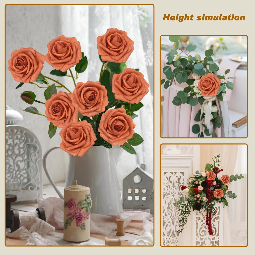 Artificial Flowers Realistic Roses, Real Looking Fake Roses with Stem for DIY Wedding Bouquets Centerpieces Bridal Shower Party Home Romantic Decorations (Burnt Orange, Regular 3" - 200pcs)