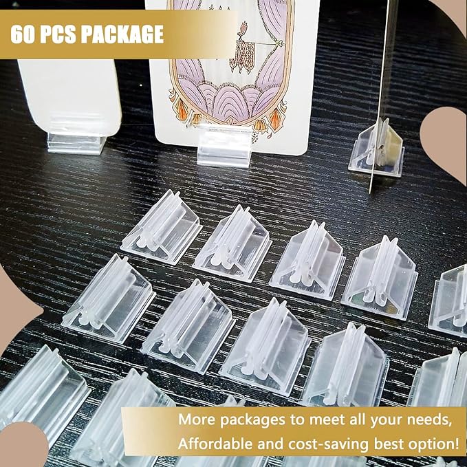 Table Number Place Card Playing Card Holders 60 Pack, Small Clear Acrylic Business Card Holder Stand for Display Paper Game Piece Picture Clip Price Board Photo Memo Menus Label Stand Party, 0.75in