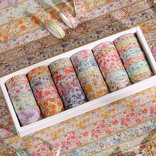 32 Rolls Washi Tape Set, Colored Floral Decorative Masking Tape, Artists Tapes for Junk Journal, Journaling, DIY Craft Projects, Scrapbooking Supplies Decor