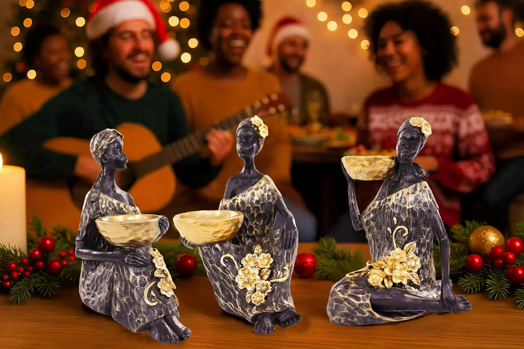 Lescafita African Lady Candle Holder Set of 3 – Resin Figurines with Gold Bowls for Tea Light or Small Pillar Candles – Decorative African Women Statues for Home, Shelf, or Table Centerpiece