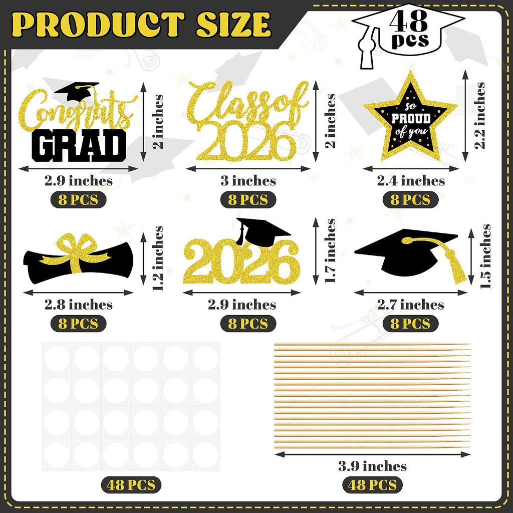 48 PCS Graduation Cupcake Toppers, 6 Styles Congrats Grad Cake Topper, Black and Gold Graduation Decorations 2026, Glittery Cap and Diploma Cake Picks for Grad Party Decor Supplies