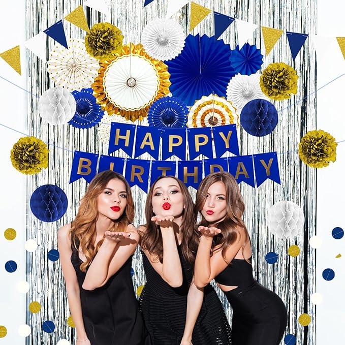 Navy Blue and Gold Happy Birthday Party Decoration 24Pcs Hanging Paper Fans, Pom Poms Flowers Garland String Polka Dot Triangle Bunting Flag Pack Happy Birthday Banner for Boy Birthday Baby Shower