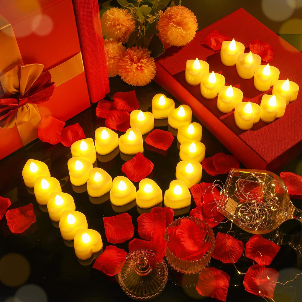 Coume 6000 Pieces Artificial Rose Petal 72 Pieces LED Tealights Candle, Romantic Decorations Special Night Rose Petal Heart Candle for Valentines Wedding Anniversary Proposal Decor(Warm White Light)