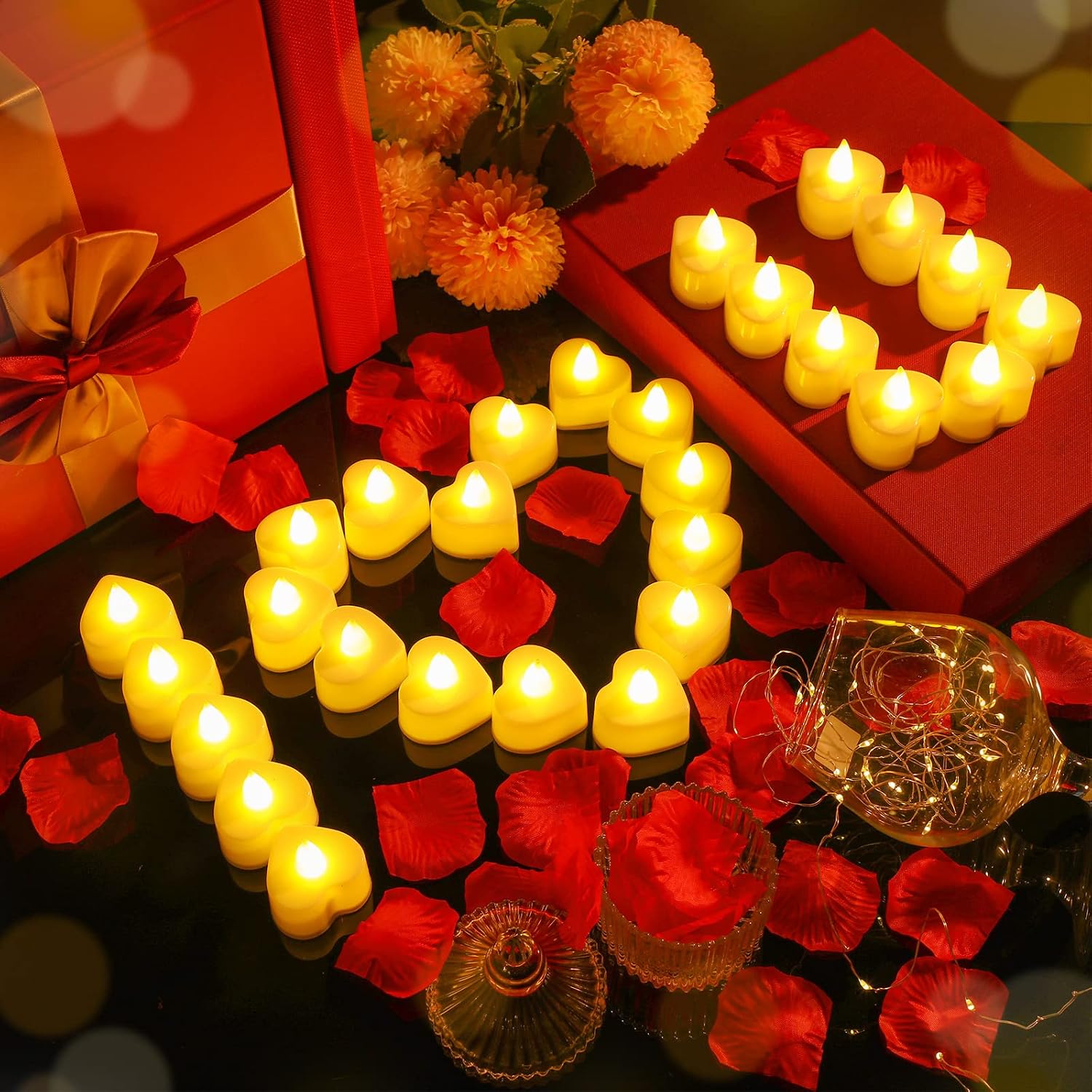 Coume 6000 Pieces Artificial Rose Petal 72 Pieces LED Tealights Candle, Romantic Decorations Special Night Rose Petal Heart Candle for Valentines Wedding Anniversary Proposal Decor(Warm White Light)