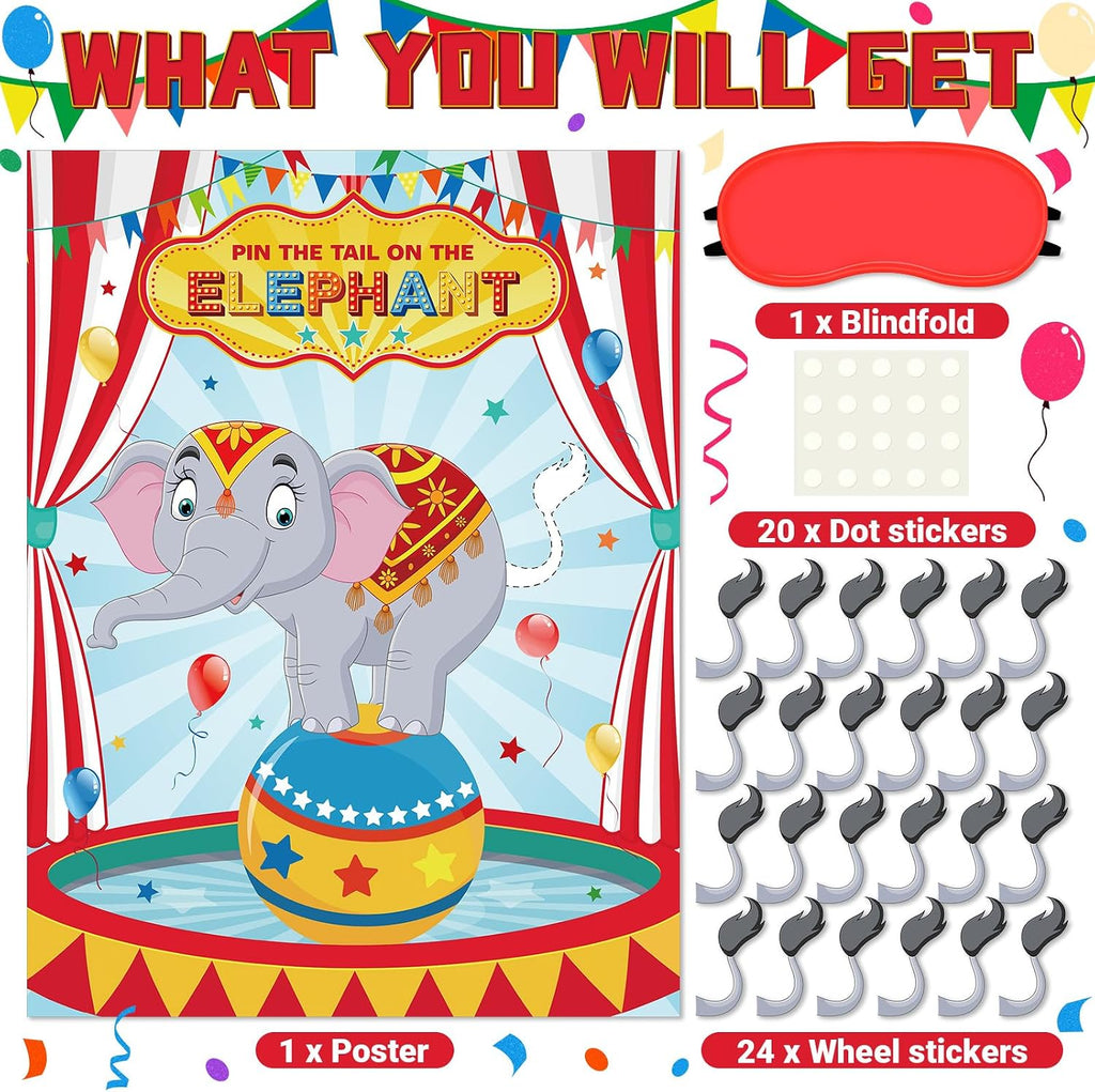 Faccito Carnival Circus Party Games Pin The Stickers on The Large Poster with 24 Pcs Stickers Blindfold Carnival Pin Game Set for Circus Birthday Party Decorations Activities Supplies(Elephant)