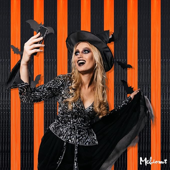 4 Pack Black Orange Fringe Curtain Backdrop, 3.2Ft x 6.6Ft Metallic Tinsel Foil Fringe Streamers Curtains Background for Photo Booth Birthday Baby Shower Party Thanksgiving Christmas Decorations