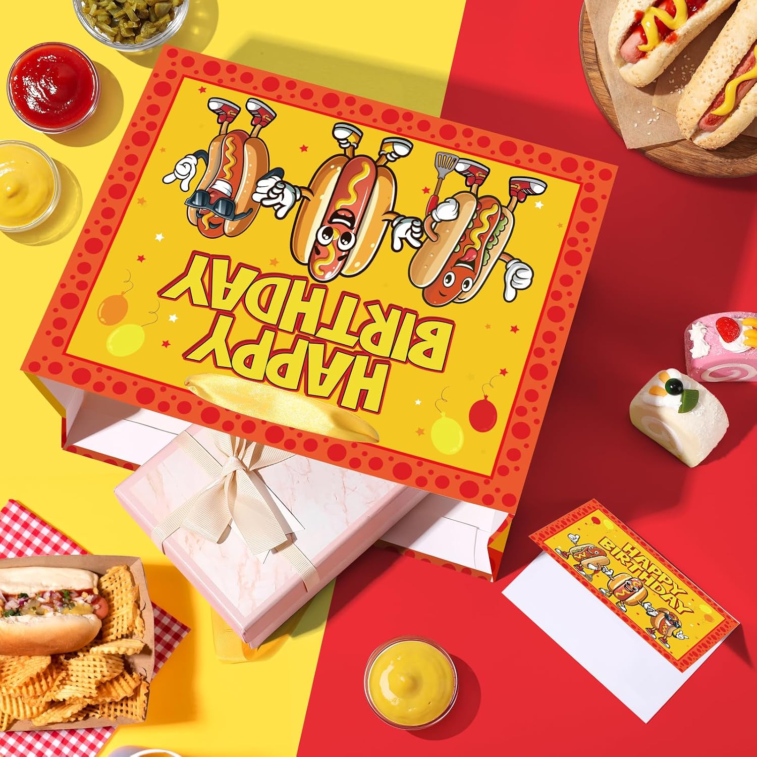 Cartoon Hot Dog Birthday Gift Bag Funny Hot Dog Themed Birthday Wrapping Paper Bag with Tissue Paper Card for Kids Adults Picnic BBQ Sausage Food Snacks Hotdog Bday Baby Shower Party Supplies