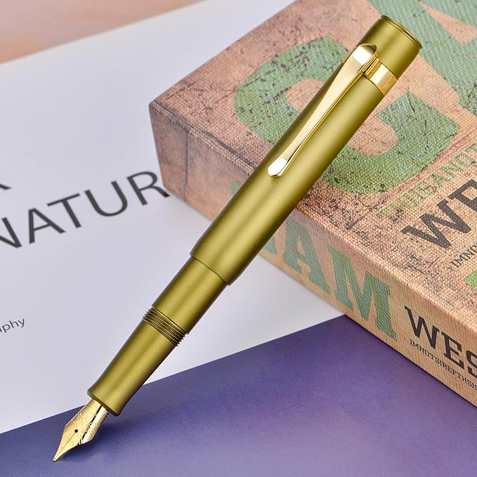 HONG DIAN M2 Black Forest Mini Fountain Pen, Medium Nib & Sleek Shape Aluminium Short Pocket Travel Pen (Olive Green)