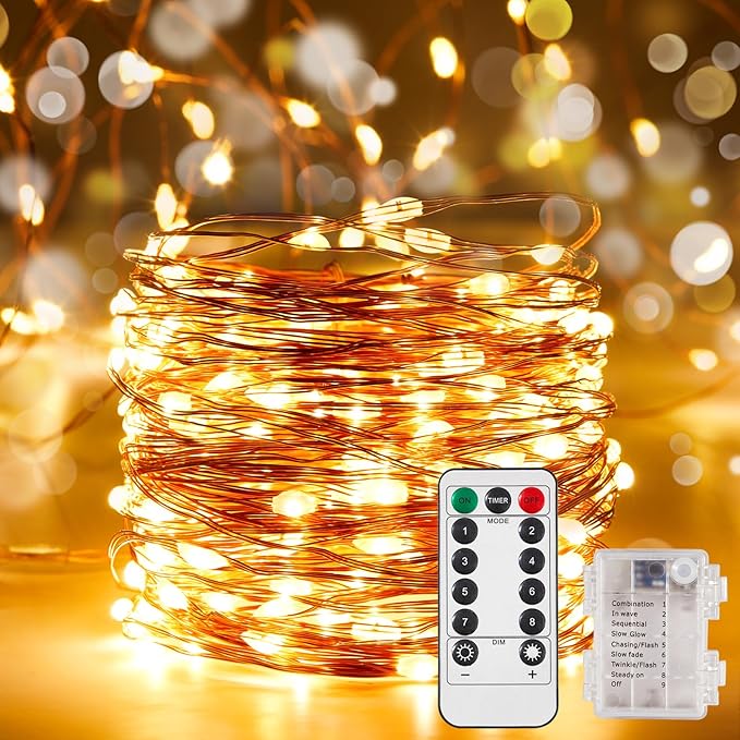 2 Pack 16.4 Ft. Battery Operated Outdoor String Lights with Remote & Timer, LED Warm White Fairy Lights, Waterproof Twinkle Lights for Bedroom, Dorm, Mason Jar, Wedding, Party, Christmas