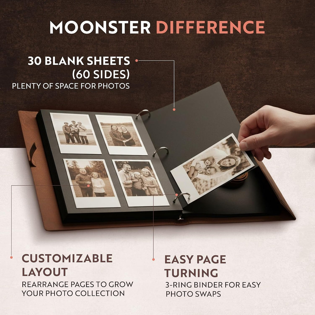 Moonster Leather Photo Album Scrapbook – Full-Grain Buffalo Leather