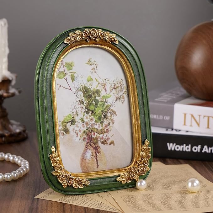 Cuspin Vintage 4x6 Picture Frame, Green and Gold Arch Frames, Ornate Floral Resin Photo Frame with Glass Front for Tabletop or Wall Display, Antique Decorative Frame for Home Decor or Gift