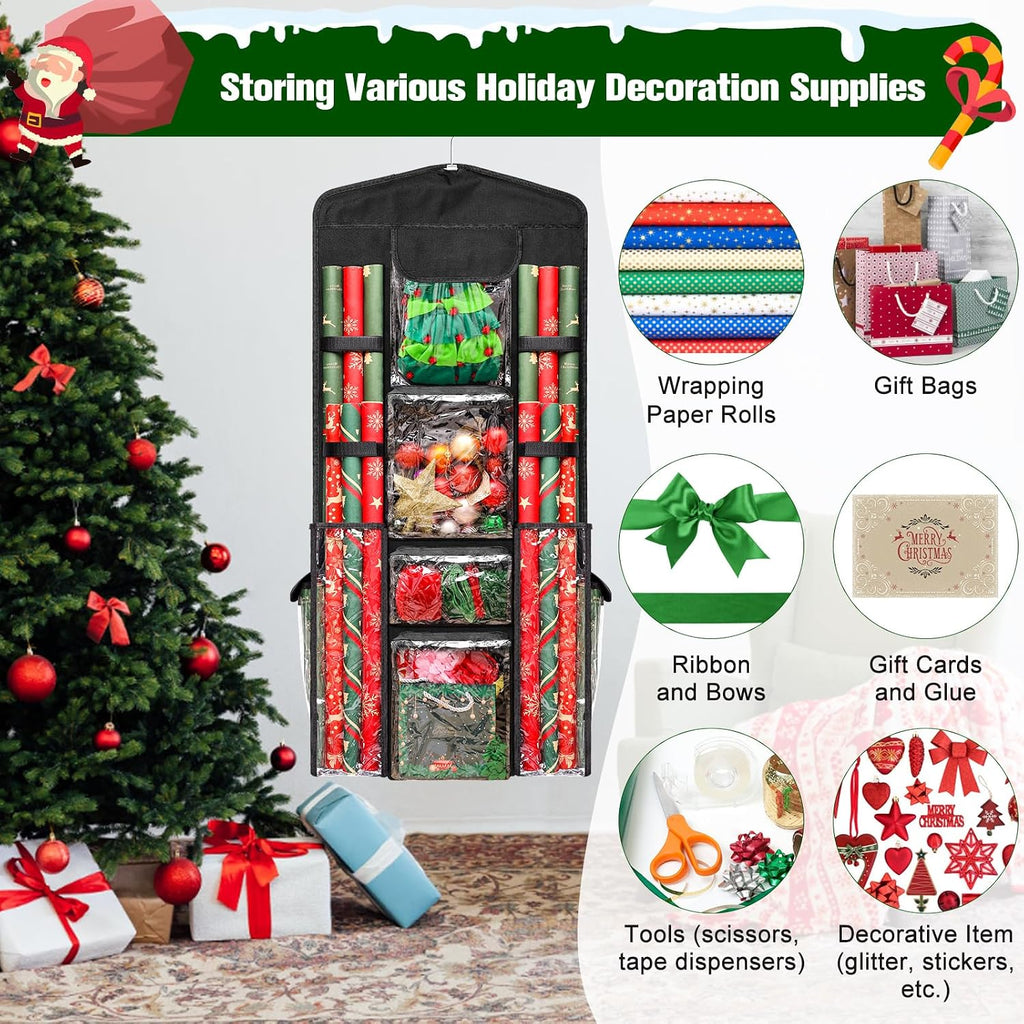Wrapping Paper Organizer Storage, AHIER Hanging Double-Sided Gift Bag Storage Organizer with Multiple PVC Clear Pockets for Festival Christmas Wrapping Paper Storage(40"x17")