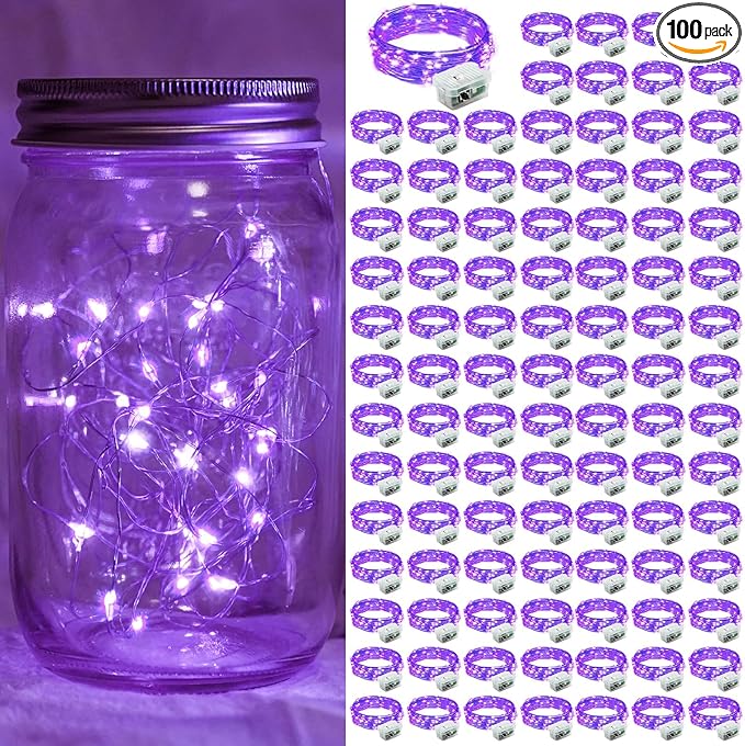 100 Pack Purple Fairy Lights 7Ft 20 LED Twinkle String Lights 3 Modes Battery Operated Waterproof Firefly Starry for Mason Jar Party Wedding Christmas Valentines Day Table Centerpieces