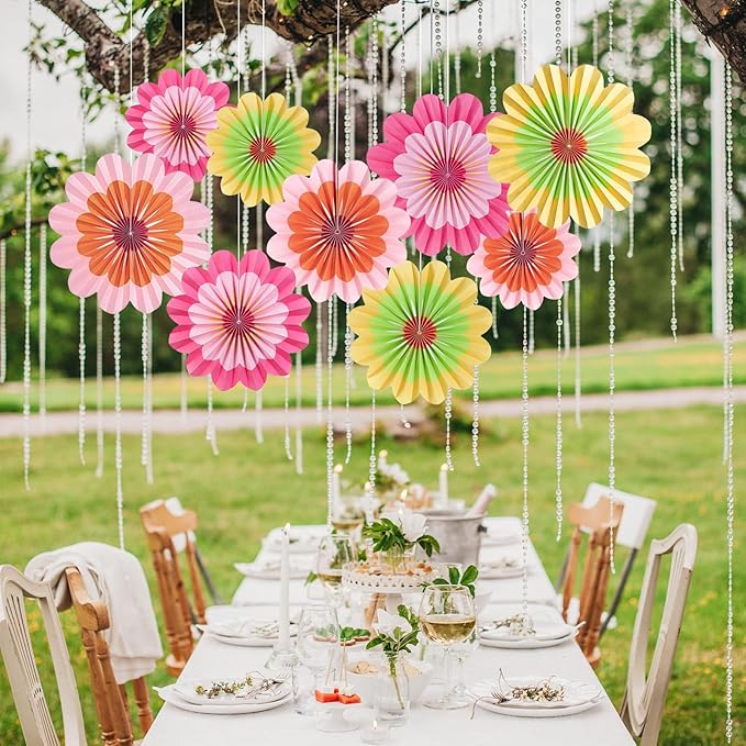 SUNBEAUTY 9 PCS Paper Flowers Decorations Hanging Carnival Paper Fans Decorations Flower Paper Fans Paper Floral Backdrop Spring Decorations