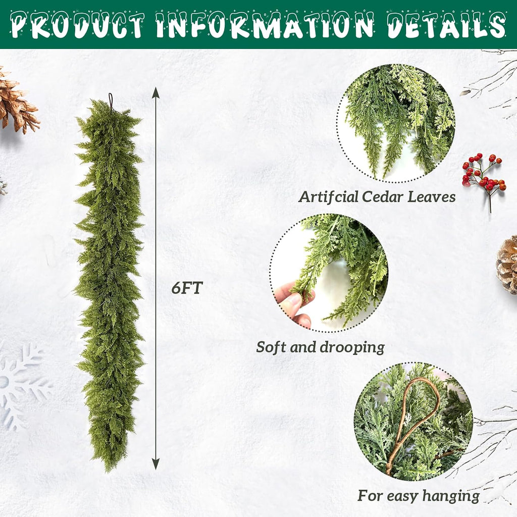 6 ft christmas cedar garland: artificial real touch, close-up detail