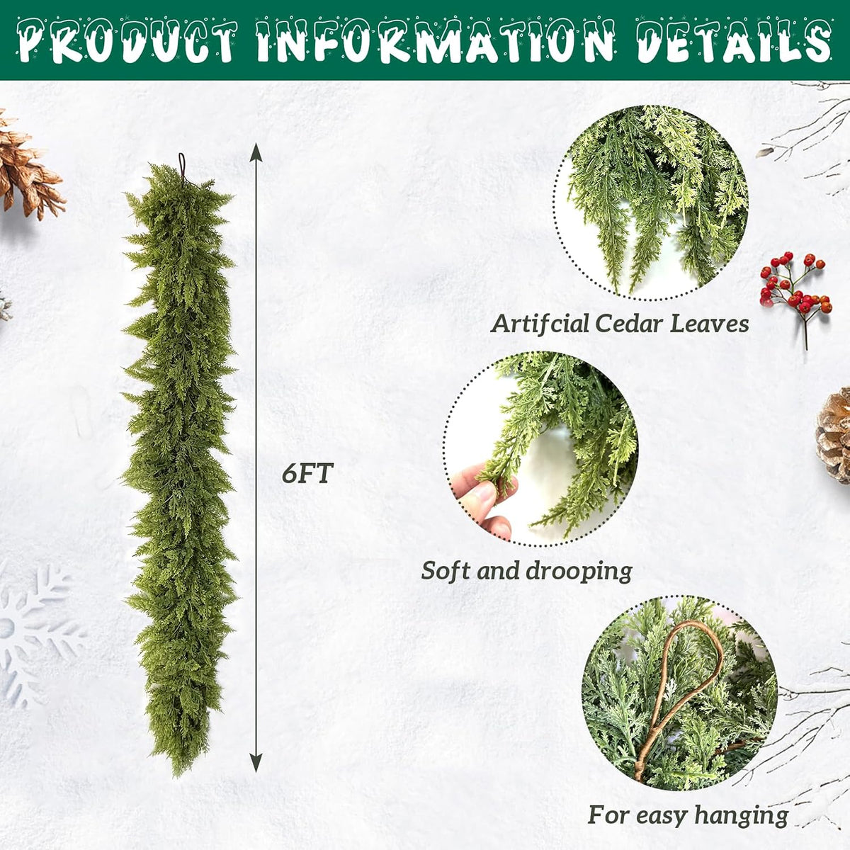 6 ft christmas cedar garland: artificial real touch, close-up detail