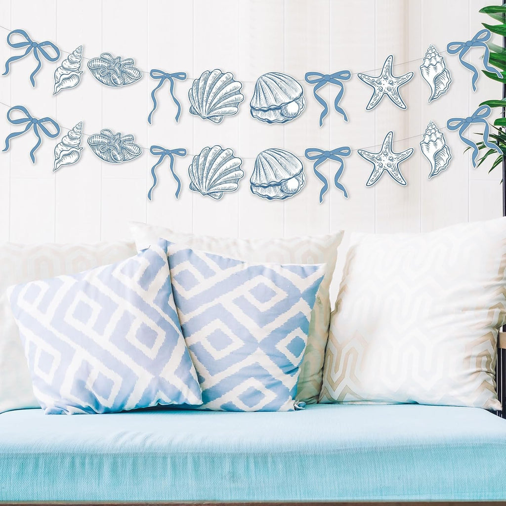 Oudain 2 Pack Blue Bow Starfish and Seashell Garland 6.56 ft Ocean Coastal Nautical Beach Party Paper Bow Hanging Banner for Under the Sea Summer Birthday Wedding Bachelorette Mermaid Baby Shower