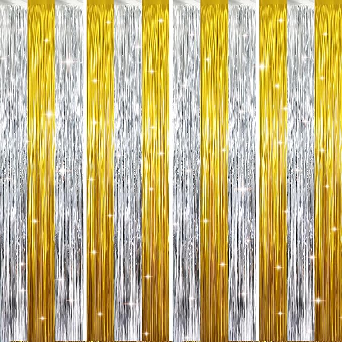 GOER 3.2 ft x 8.2 ft Metallic Tinsel Foil Fringe Curtains Party Backdrop Party Streamers for Birthday,Graduation,New Year Eve Decorations Wedding Decor (4 Pcs,Gold&Silver)