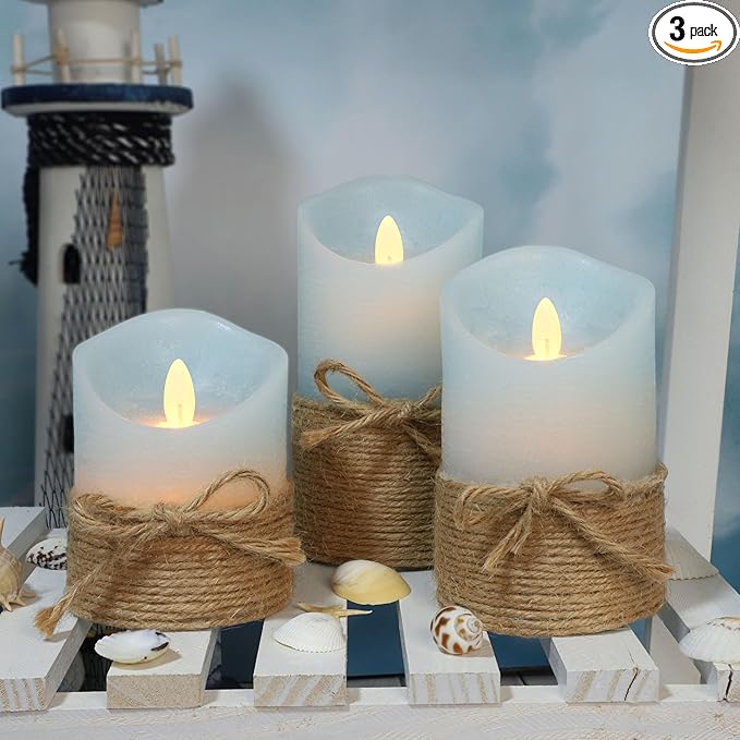 Silverstro Nautical Decor Ocean Blue Flameless Candles - Home Christmas Farmhouse Summer Decorations - Set of 3 (D3.11 X H4 5" 6")