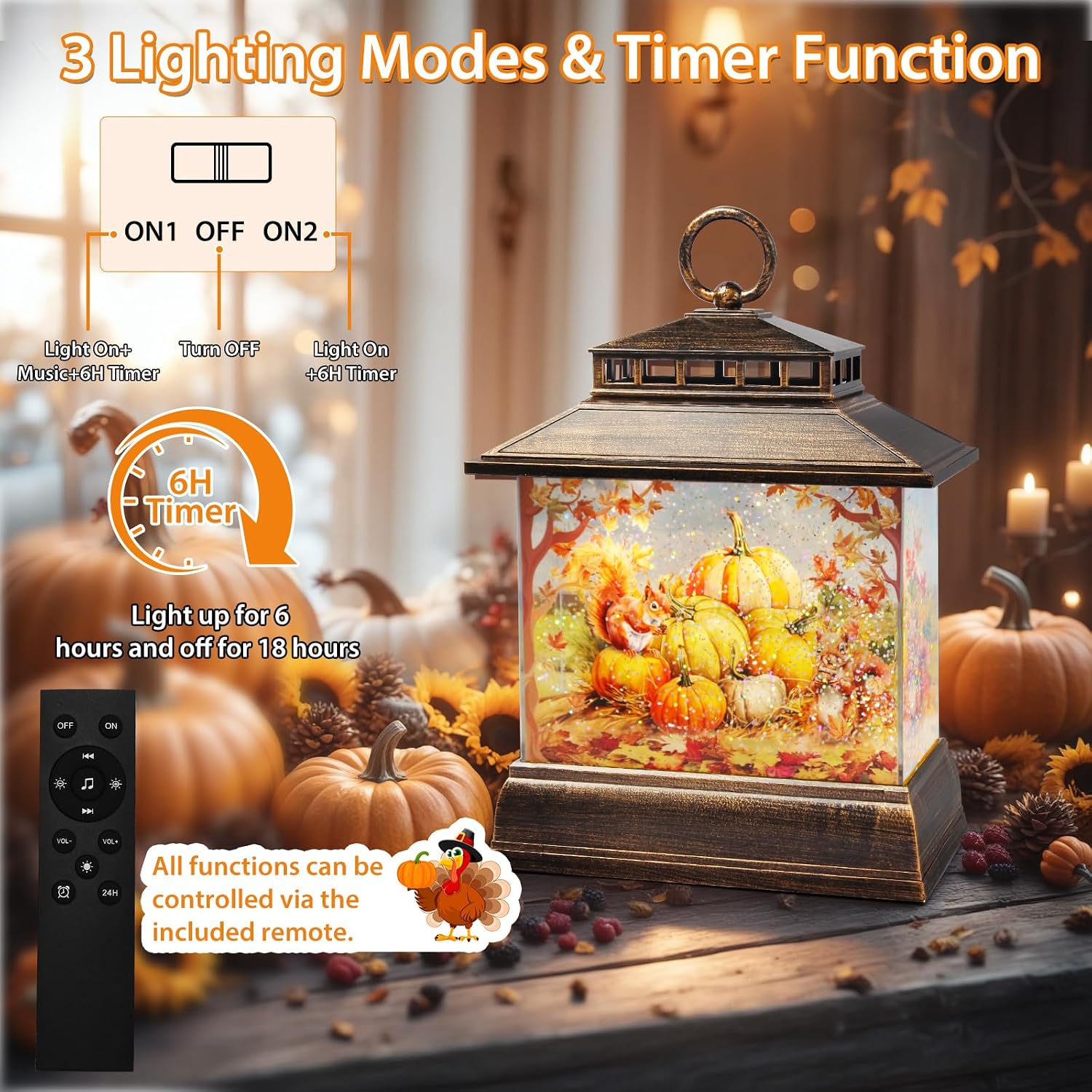 Fall Snow Globe Lantern Thanksgiving Pumpkins and Squirrels Water Lantern with Swirling Glitter 6H Timer Remote Control Fall Decorations for Home Thanksgiving Autumn Harvest (Pumpkin and Squirrel)